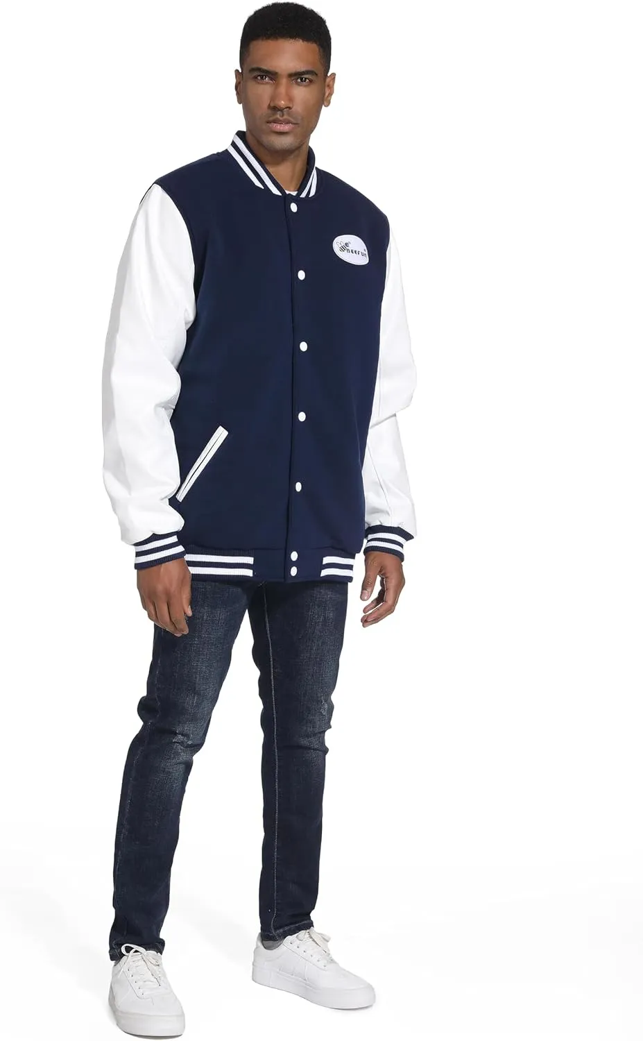 Outfitters Men's Varsity Hooded Reversible Fleece Jacket with Faux Leather Sleeve