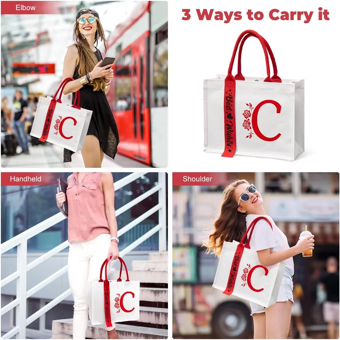 Personalized Initial Ribbon Canvas Tote Bag Gifts for Her Wife Mom Friend Birthdays Weddings