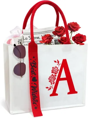 Personalized Initial Ribbon Canvas Tote Bag Gifts for Her Wife Mom Friend Birthdays Weddings