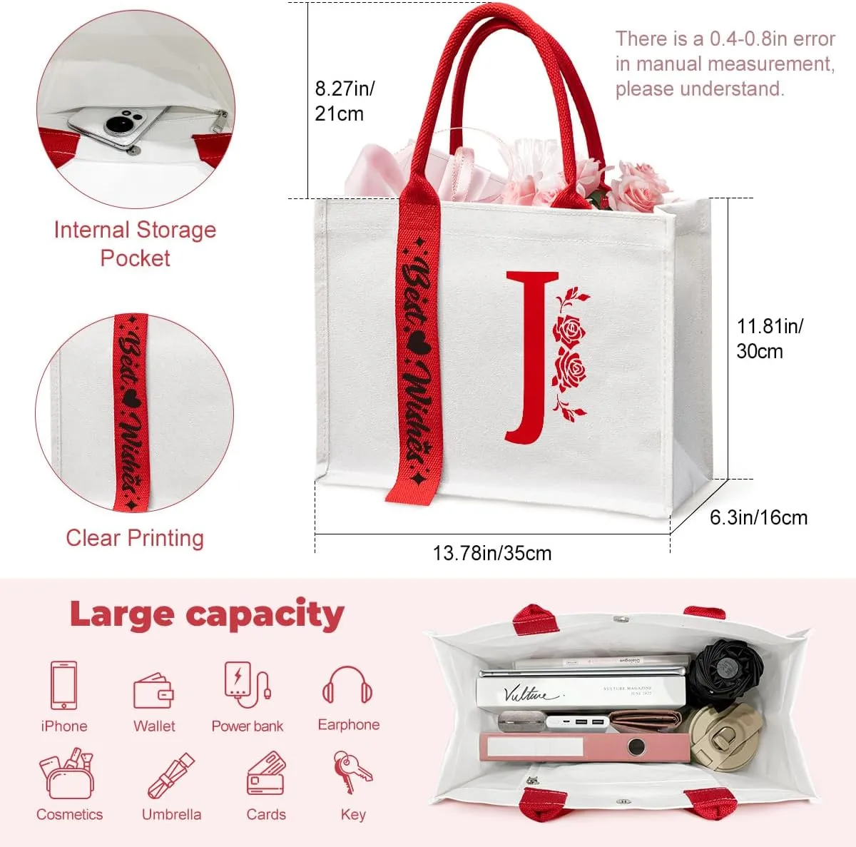 Personalized Initial Ribbon Canvas Tote Bag Gifts for Her Wife Mom Friend Birthdays Weddings