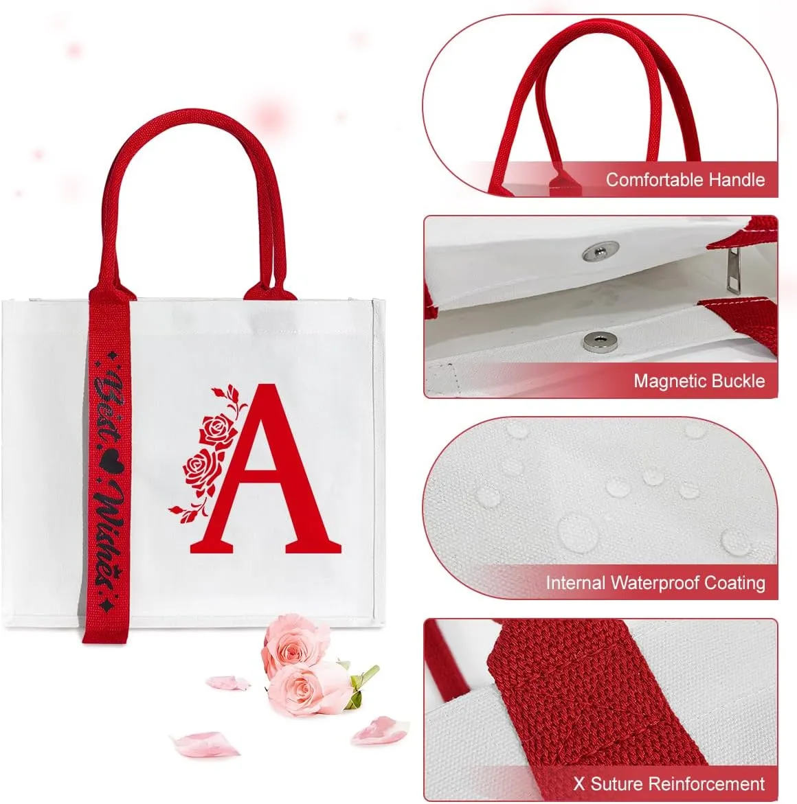 Personalized Initial Ribbon Canvas Tote Bag Gifts for Her Wife Mom Friend Birthdays Weddings