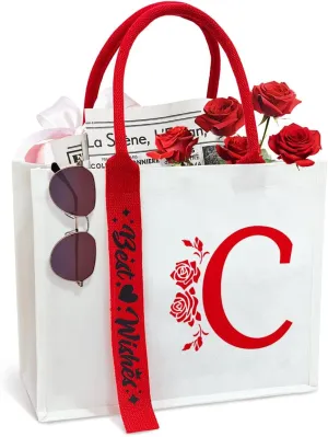 Personalized Initial Ribbon Canvas Tote Bag Gifts for Her Wife Mom Friend Birthdays Weddings