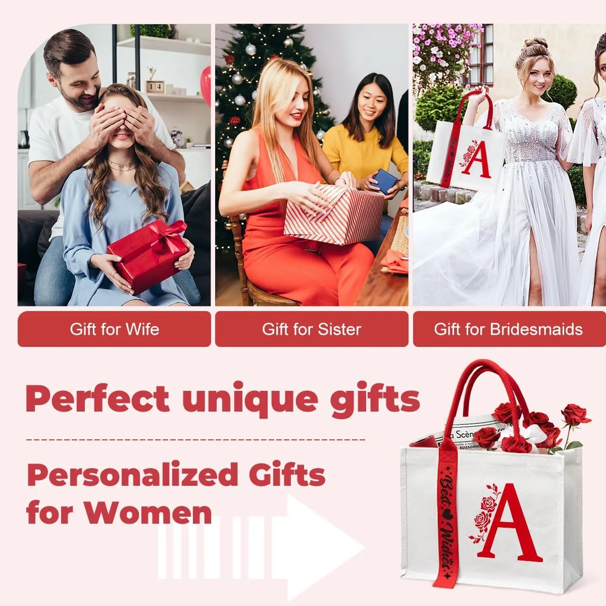 Personalized Initial Ribbon Canvas Tote Bag Gifts for Her Wife Mom Friend Birthdays Weddings