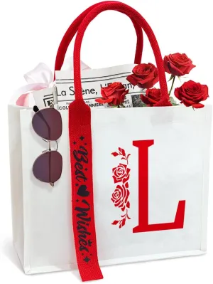 Personalized Initial Ribbon Canvas Tote Bag Gifts for Her Wife Mom Friend Birthdays Weddings