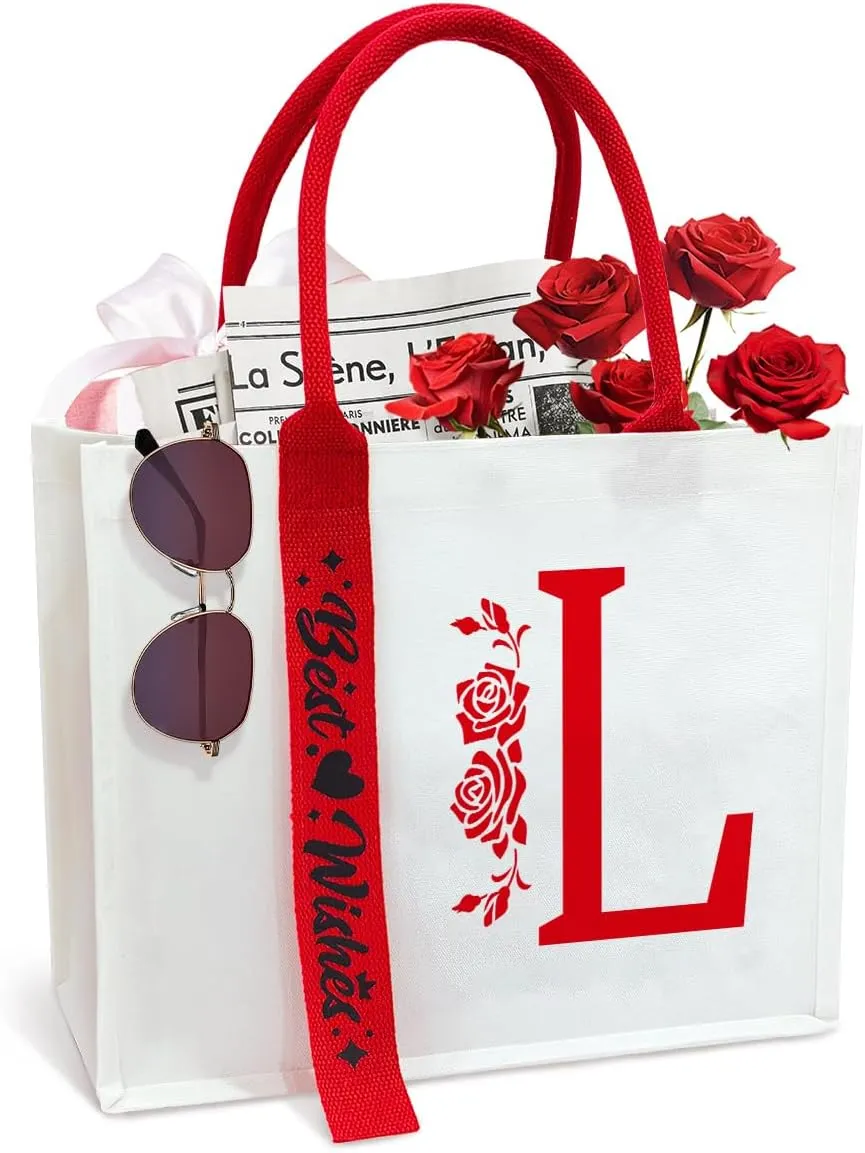 Personalized Initial Ribbon Canvas Tote Bag Gifts for Her Wife Mom Friend Birthdays Weddings