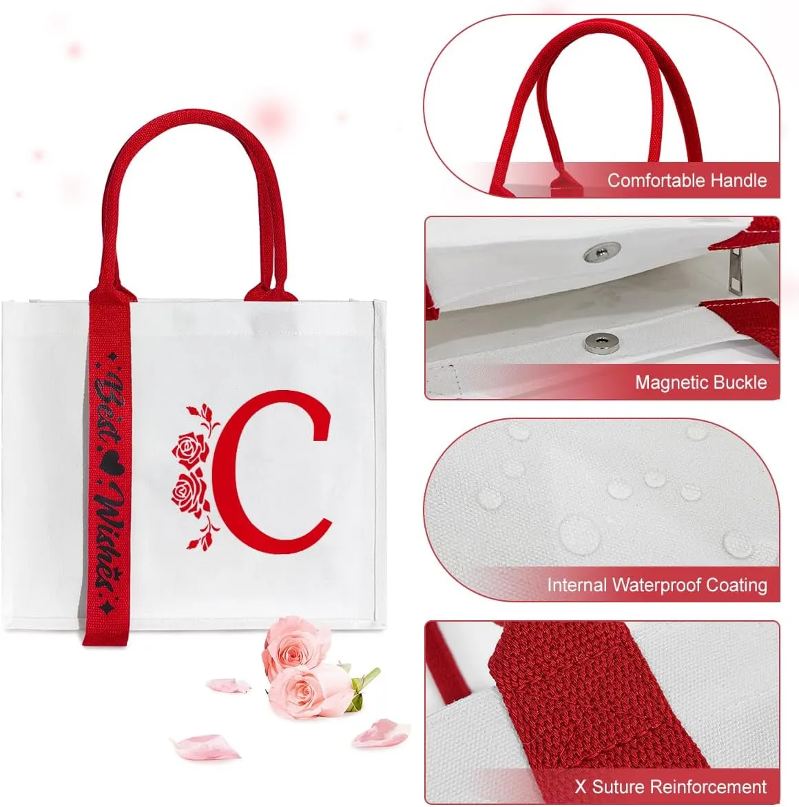 Personalized Initial Ribbon Canvas Tote Bag Gifts for Her Wife Mom Friend Birthdays Weddings