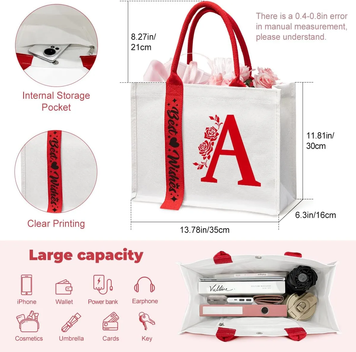 Personalized Initial Ribbon Canvas Tote Bag Gifts for Her Wife Mom Friend Birthdays Weddings