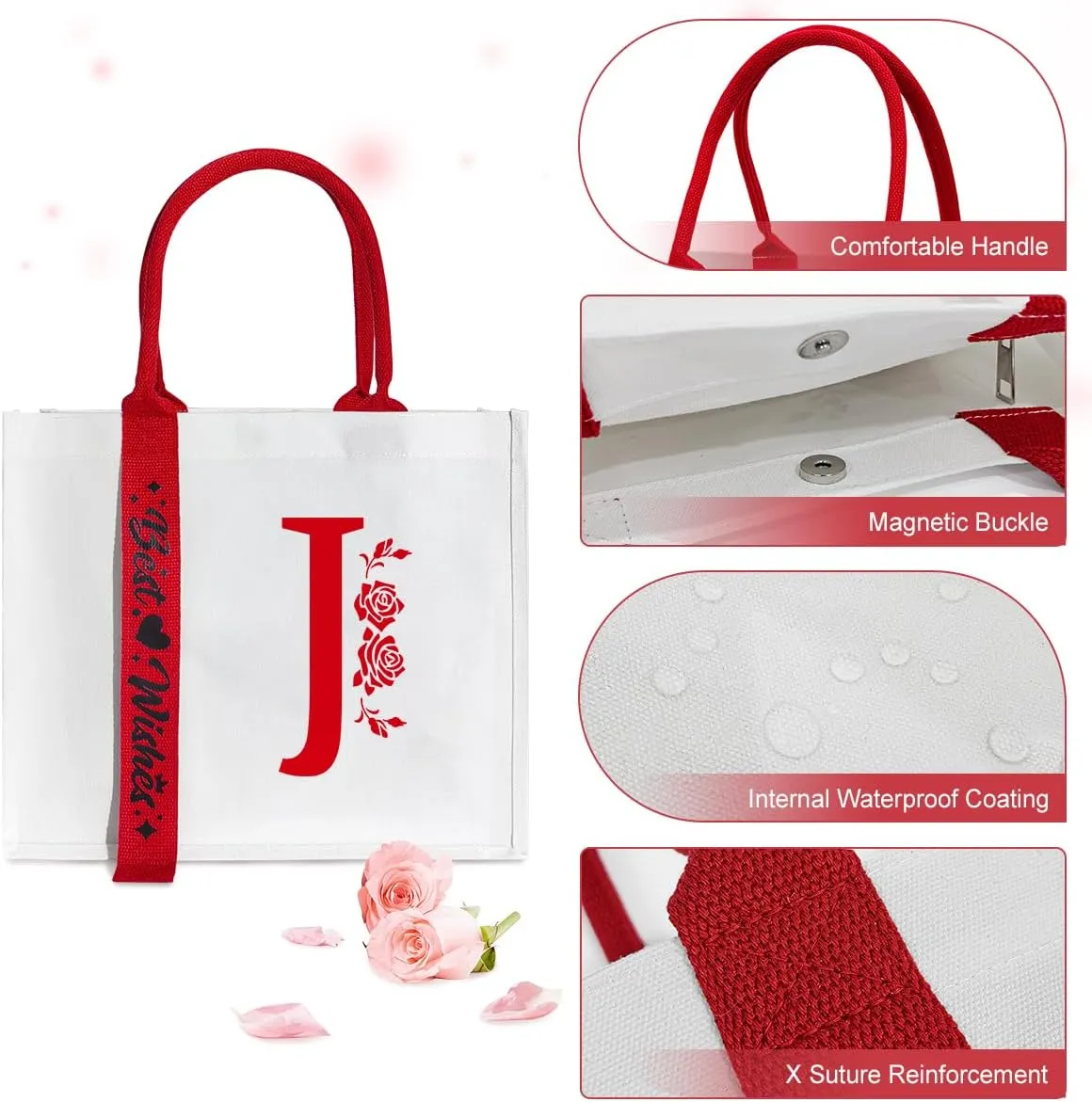 Personalized Initial Ribbon Canvas Tote Bag Gifts for Her Wife Mom Friend Birthdays Weddings