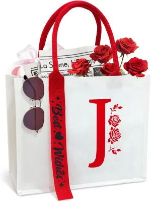 Personalized Initial Ribbon Canvas Tote Bag Gifts for Her Wife Mom Friend Birthdays Weddings