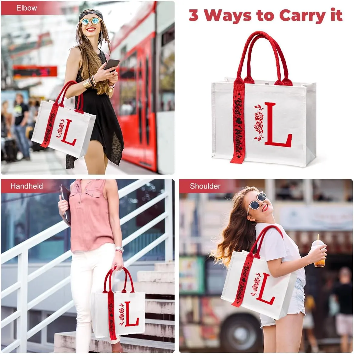 Personalized Initial Ribbon Canvas Tote Bag Gifts for Her Wife Mom Friend Birthdays Weddings