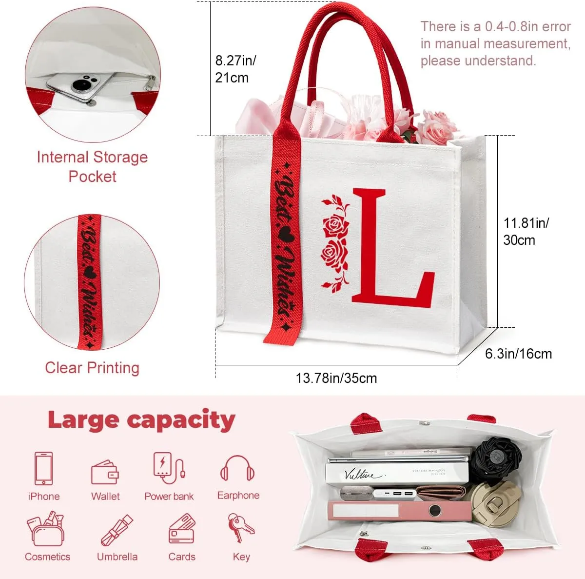 Personalized Initial Ribbon Canvas Tote Bag Gifts for Her Wife Mom Friend Birthdays Weddings
