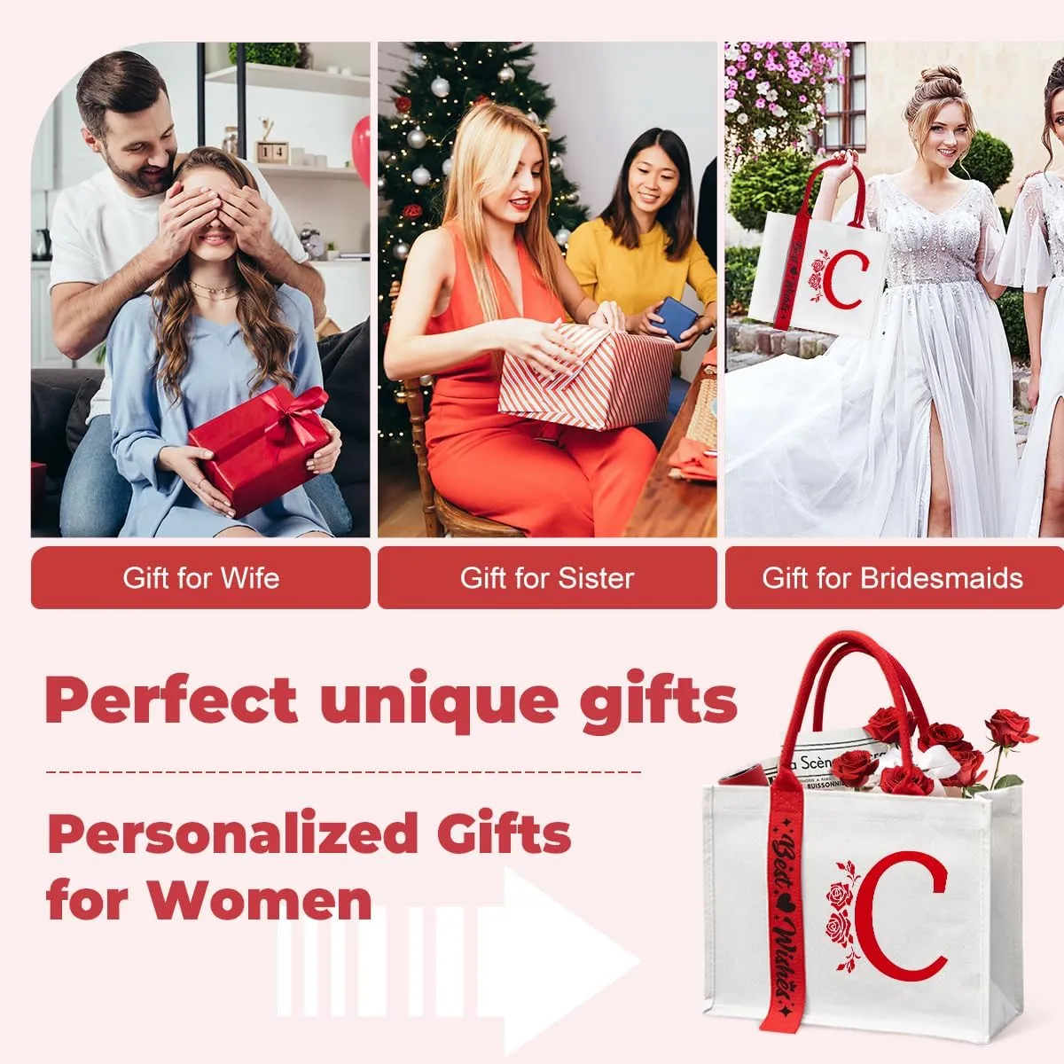 Personalized Initial Ribbon Canvas Tote Bag Gifts for Her Wife Mom Friend Birthdays Weddings