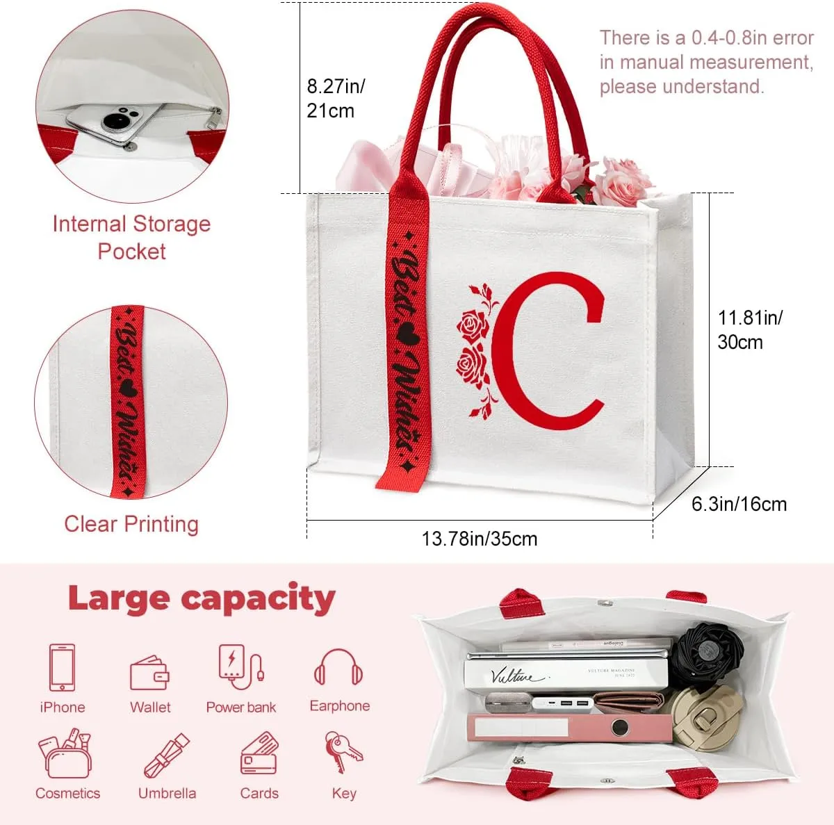 Personalized Initial Ribbon Canvas Tote Bag Gifts for Her Wife Mom Friend Birthdays Weddings