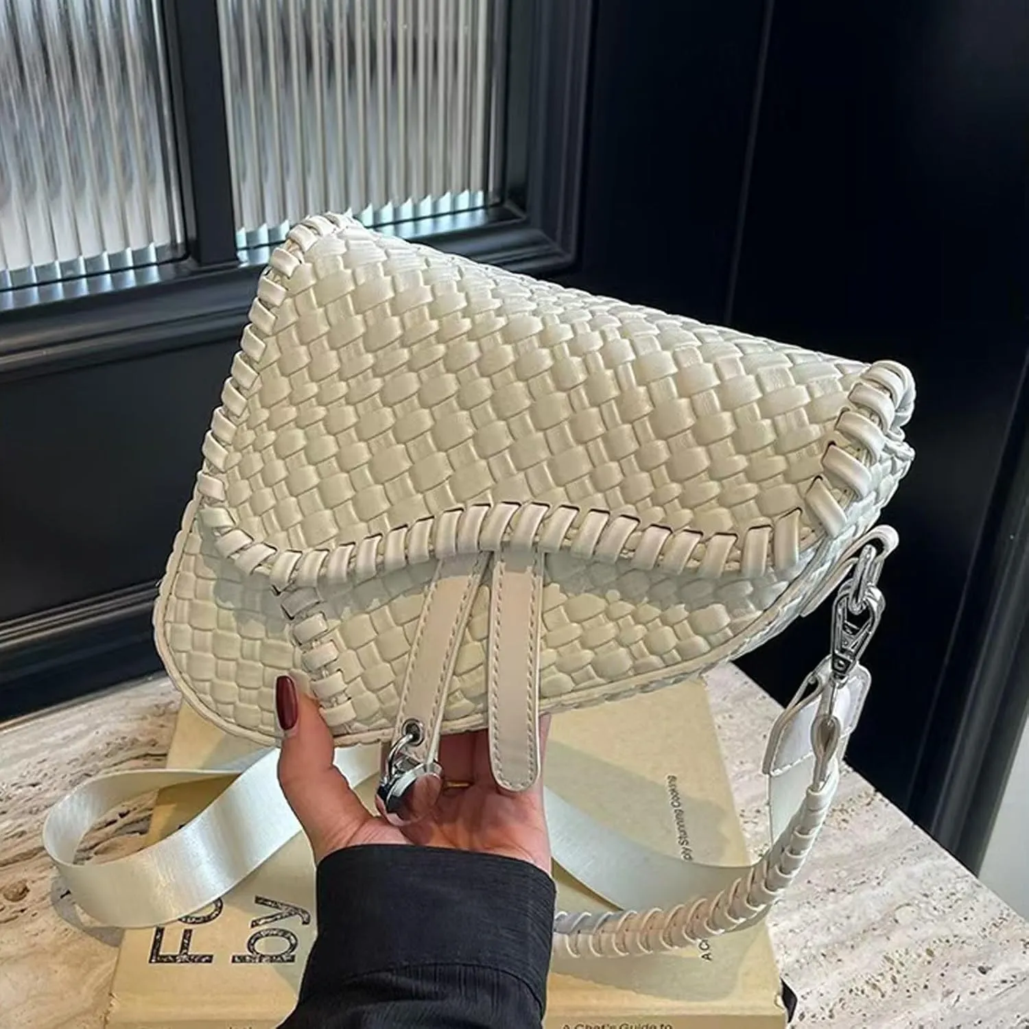 Saddle Crossbody Bag for Women Small Satchel Clutch Woven Croc Look Purse Genuine Leather Handbag