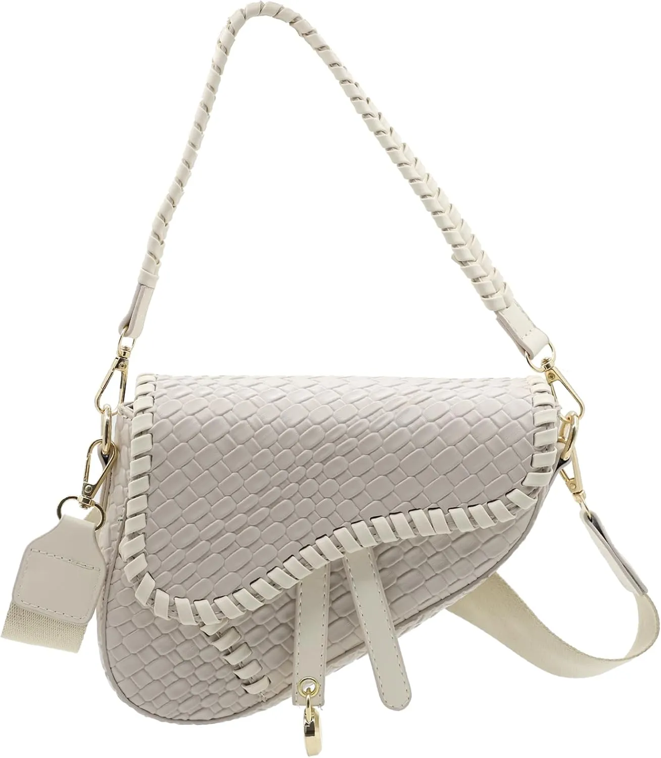 Saddle Crossbody Bag for Women Small Satchel Clutch Woven Croc Look Purse Genuine Leather Handbag