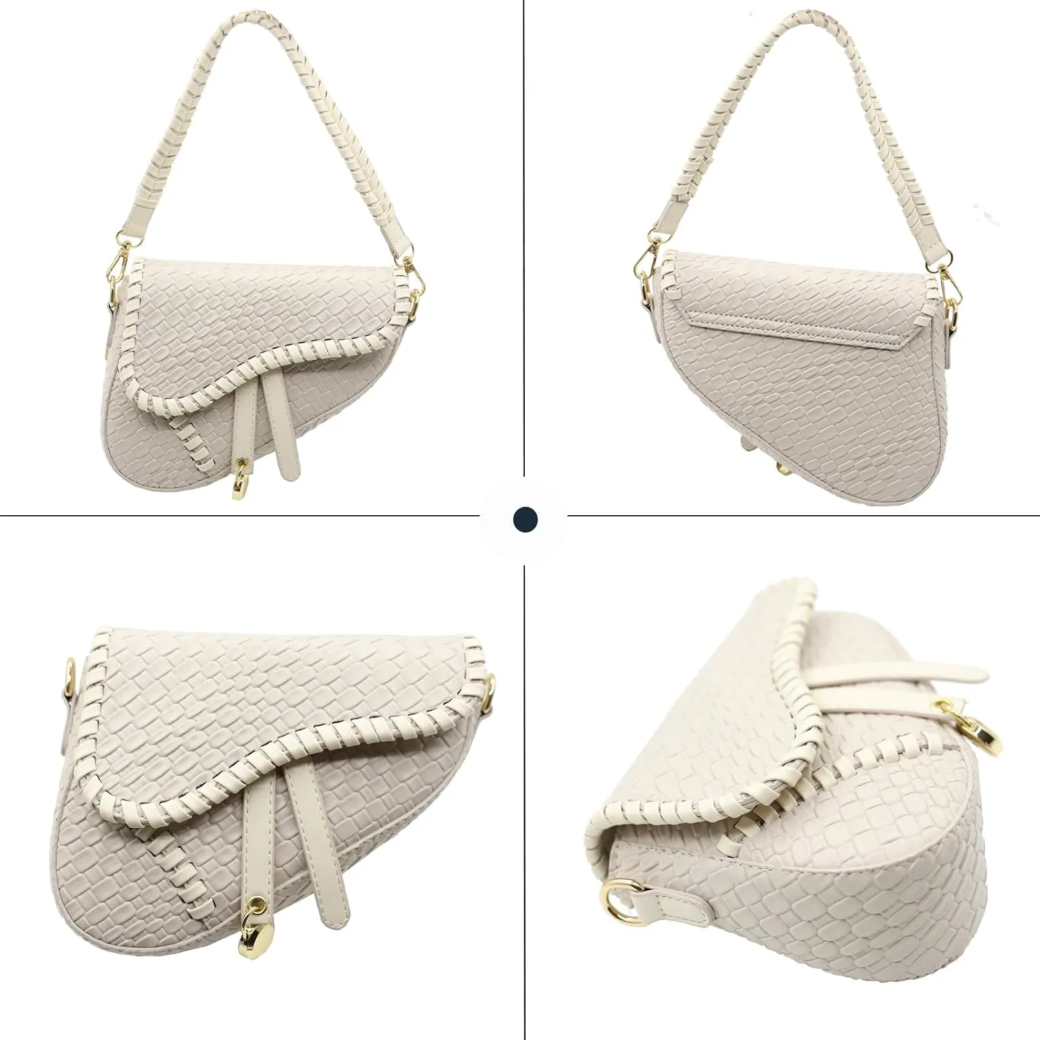 Saddle Crossbody Bag for Women Small Satchel Clutch Woven Croc Look Purse Genuine Leather Handbag