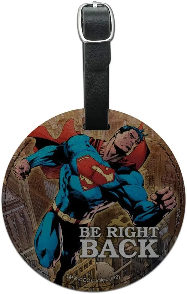 Superman Be Right Back Round Leather Luggage Card Suitcase Carry-On ID Tag
