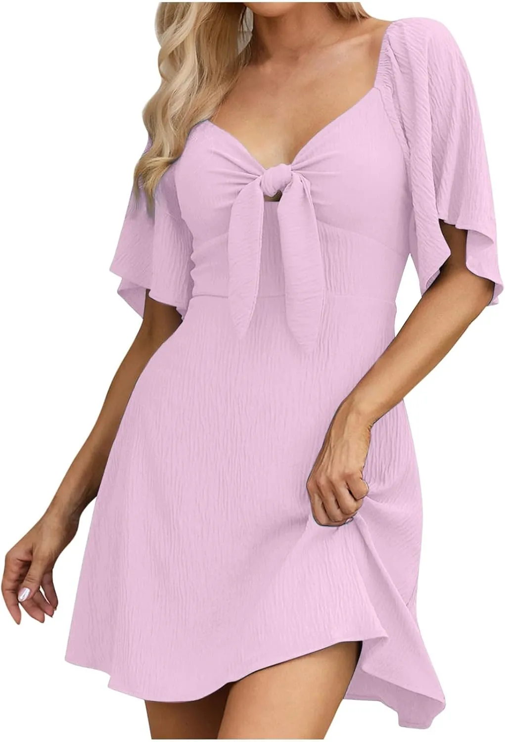 Women's Bow Tie Dresses 2025 Summer Casual Dress Elegant V-Neck Ruffle Short Sleeve Dresses Cocktail Party Mini Dress