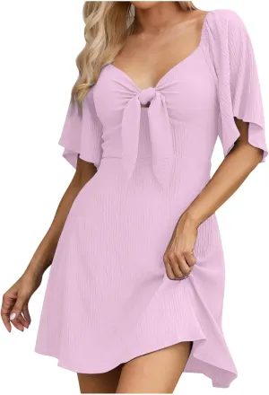 Women's Bow Tie Dresses 2025 Summer Casual Dress Elegant V-Neck Ruffle Short Sleeve Dresses Cocktail Party Mini Dress