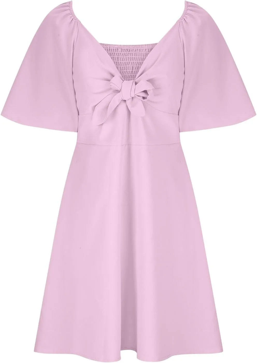 Women's Bow Tie Dresses 2025 Summer Casual Dress Elegant V-Neck Ruffle Short Sleeve Dresses Cocktail Party Mini Dress