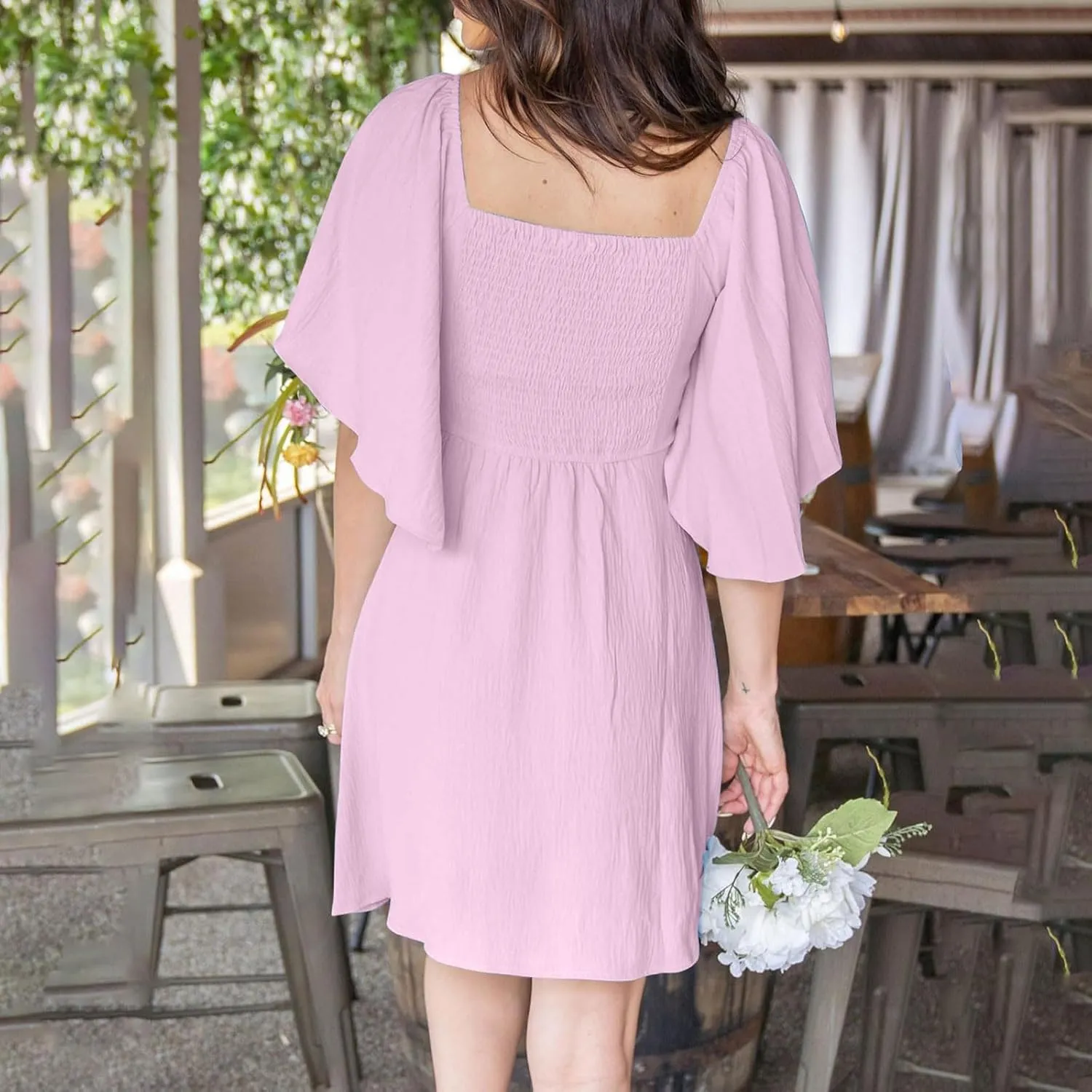 Women's Bow Tie Dresses 2025 Summer Casual Dress Elegant V-Neck Ruffle Short Sleeve Dresses Cocktail Party Mini Dress