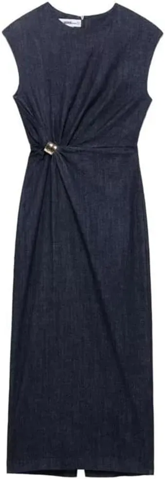 Women's Spring Mid Length Denim Sleeveless Round Neck Hidden Side Zipper Jeans Dress
