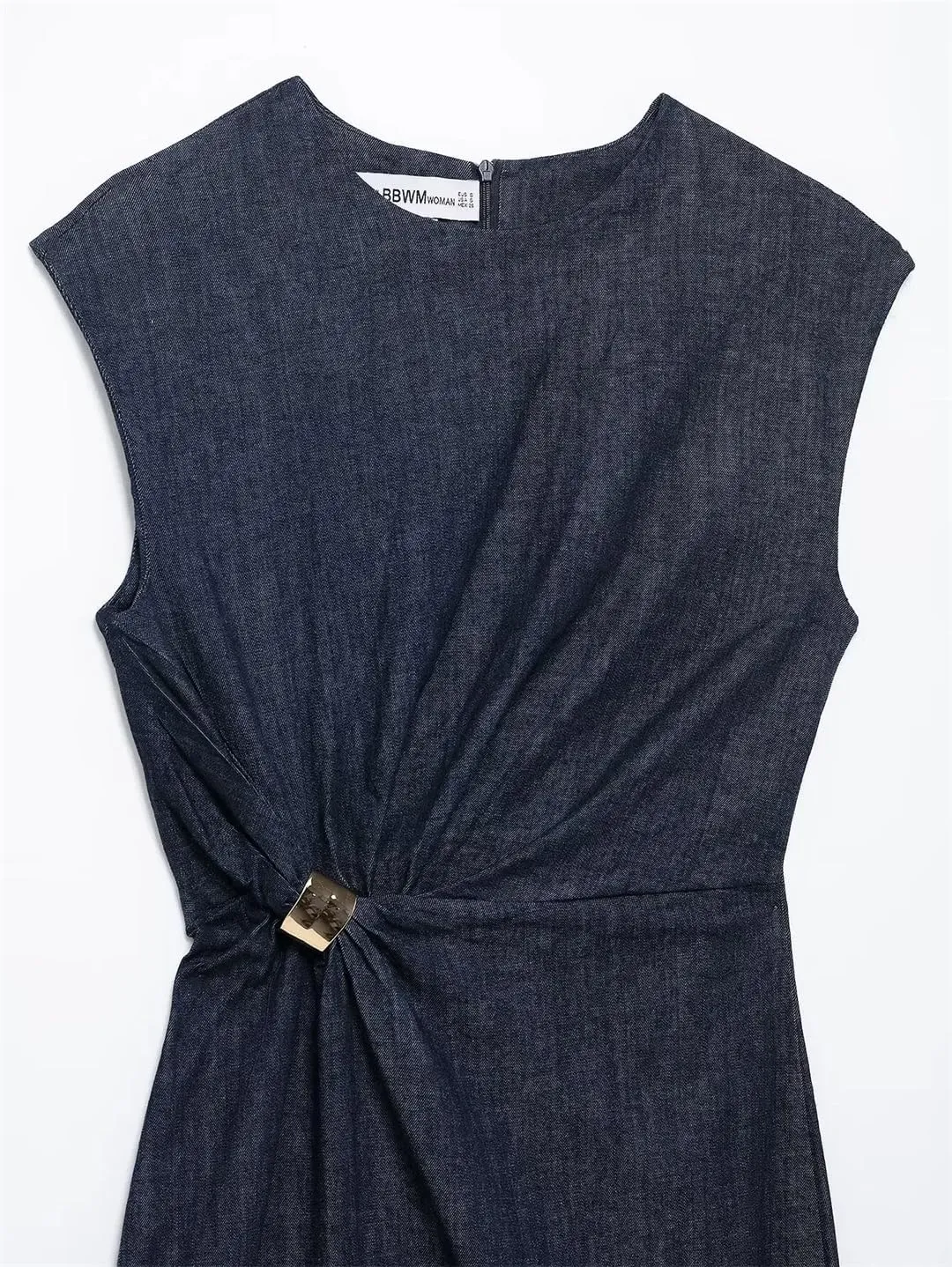 Women's Spring Mid Length Denim Sleeveless Round Neck Hidden Side Zipper Jeans Dress