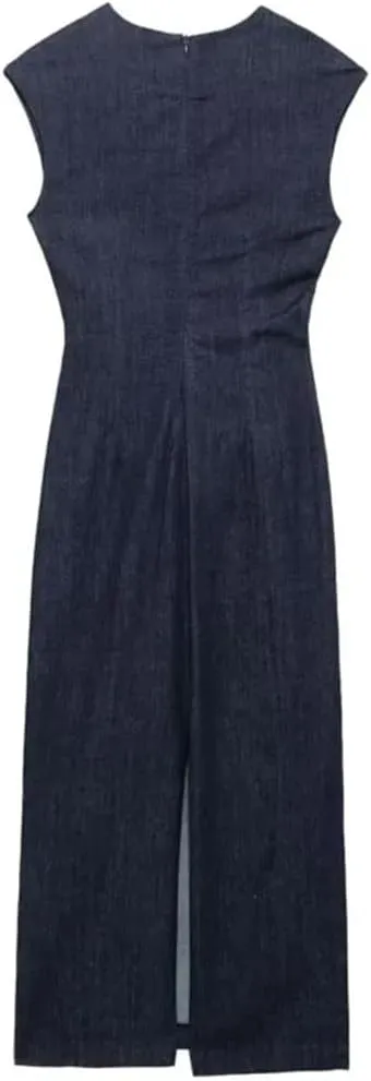 Women's Spring Mid Length Denim Sleeveless Round Neck Hidden Side Zipper Jeans Dress