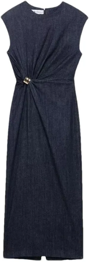 Women's Spring Mid Length Denim Sleeveless Round Neck Hidden Side Zipper Jeans Dress