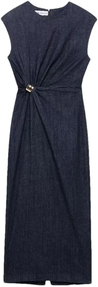 Women's Spring Mid Length Denim Sleeveless Round Neck Hidden Side Zipper Jeans Dress